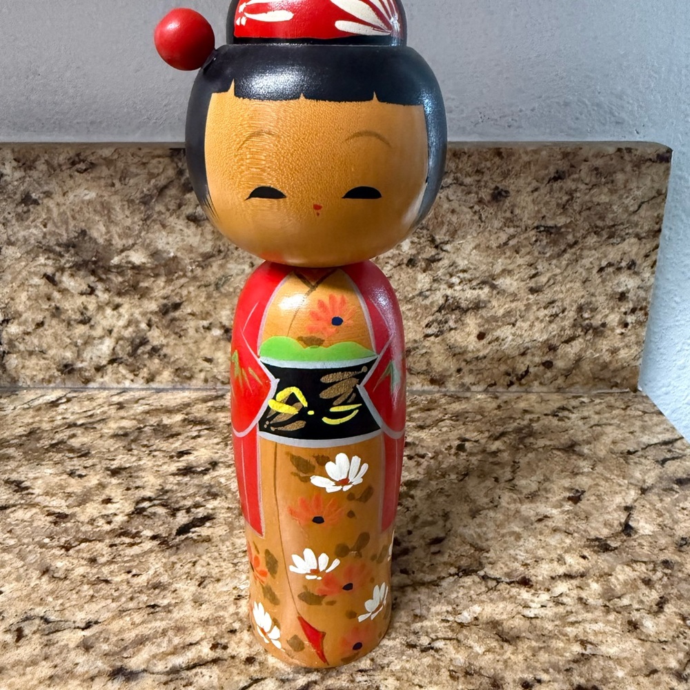 Hand-Painted Red and Tan Kokeshi Doll - Decorative Home Accent